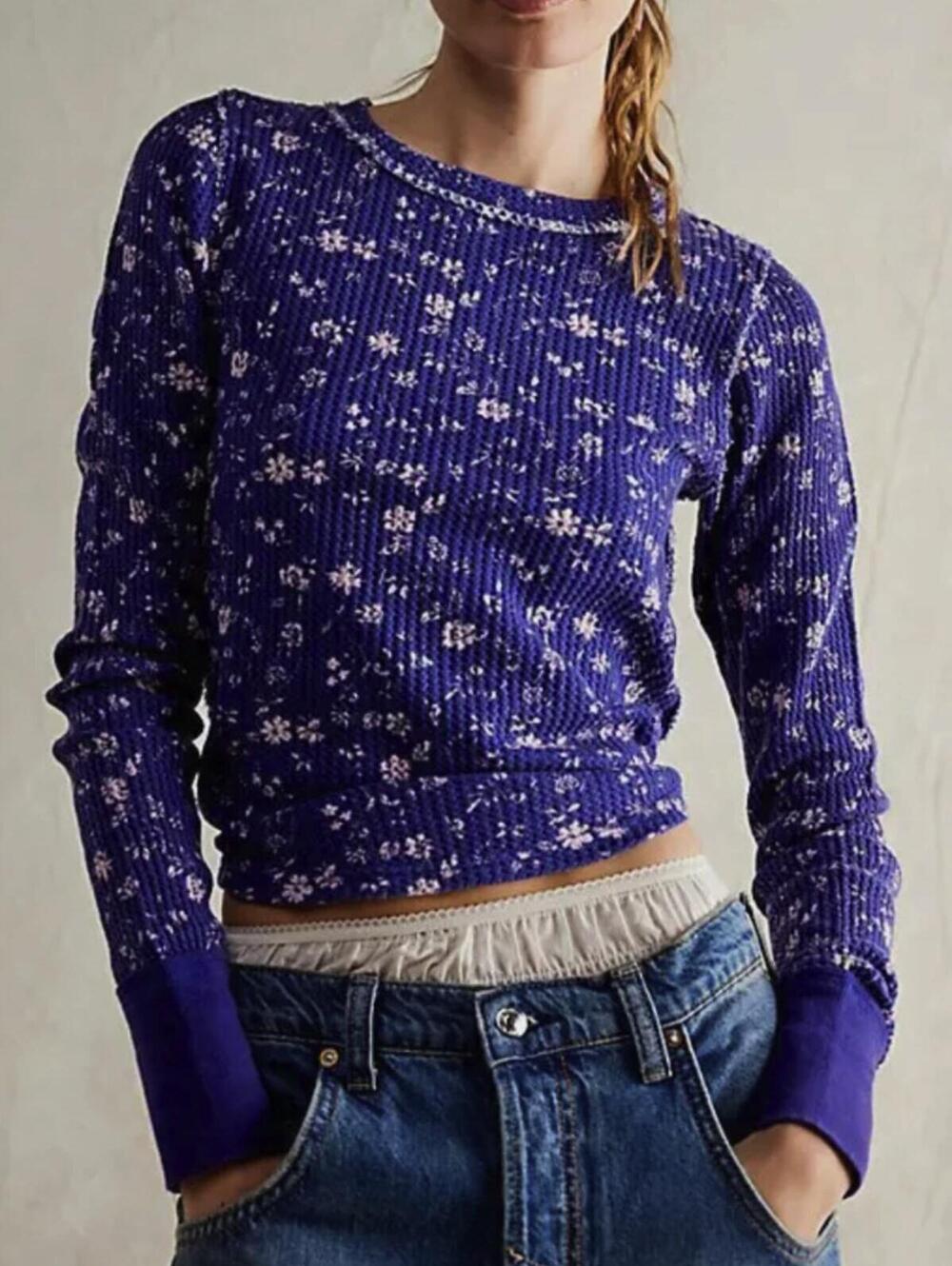We The Free Pretty Little 100% Cotton Purple Floral Thermal Top - Size - Medium